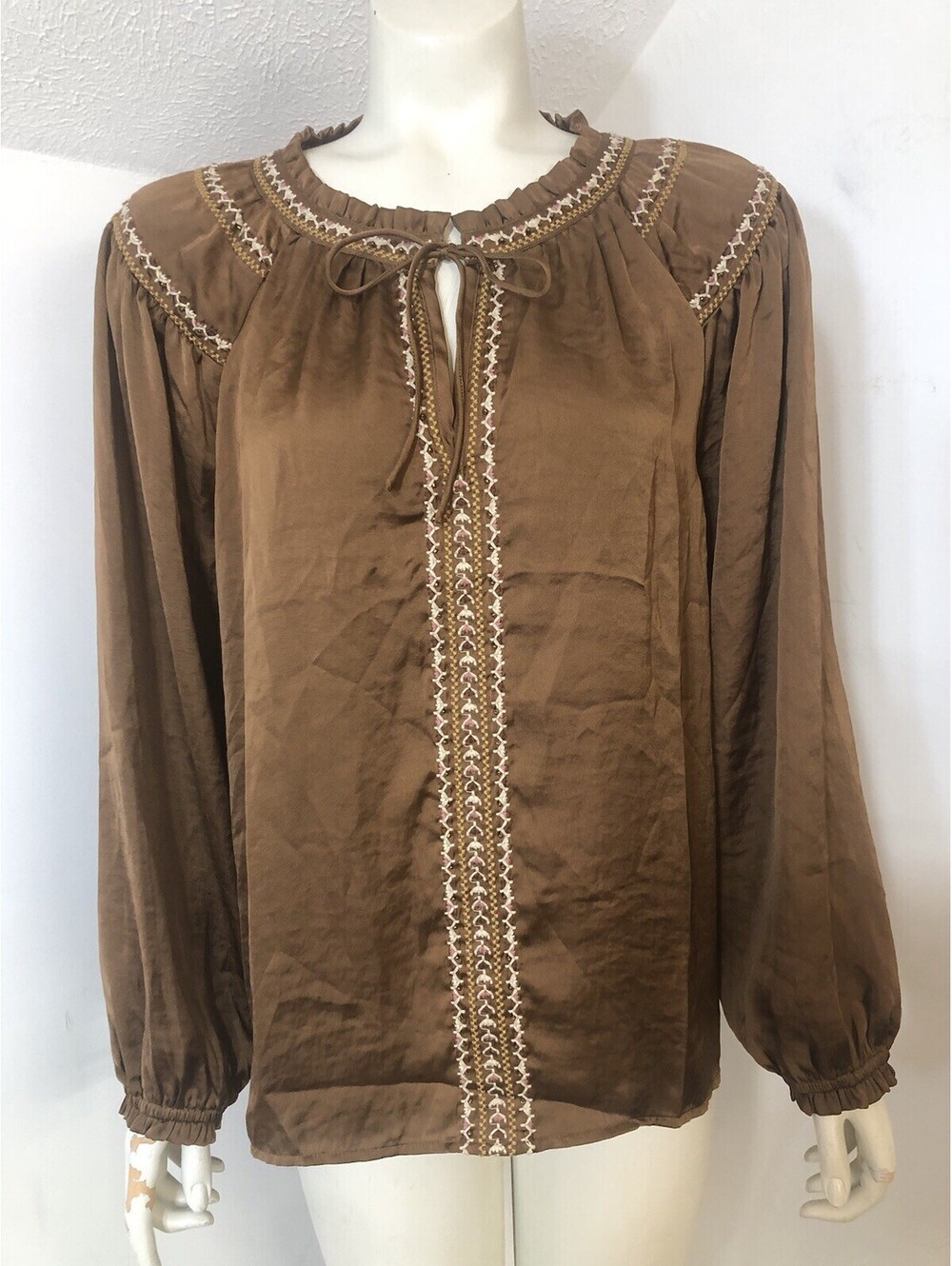 Lucky Brand Womens Medium Peasant Top Longsleeved Brown Embroidered Ruffle Tie
